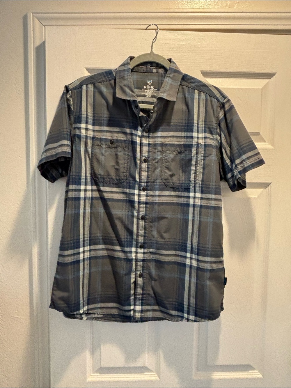 Kuhl Men's Short Sleeve Blue and Gray Plaid Button-Down Shirt